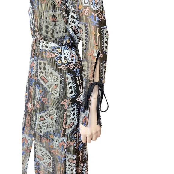 Topshop Metallic Devore Plunge Neck Skater Dress Size 4 Long Sleeves V Neckline - Picture 4 of 16